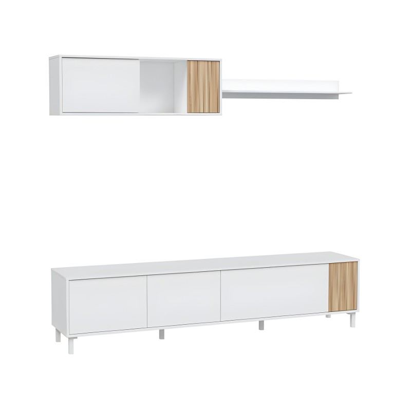 Conjunto de mueble TV blanco con puertas y detalles en madera natural y estantes flotantes