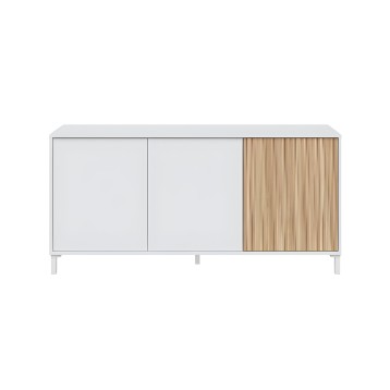 Aparador blanco con puertas lisas y lateral con tablillas de madera natural sobre patas metálicas