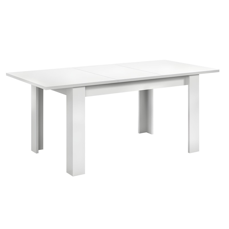 Mesa de comedor extensible color blanco con tablero rectangular y patas