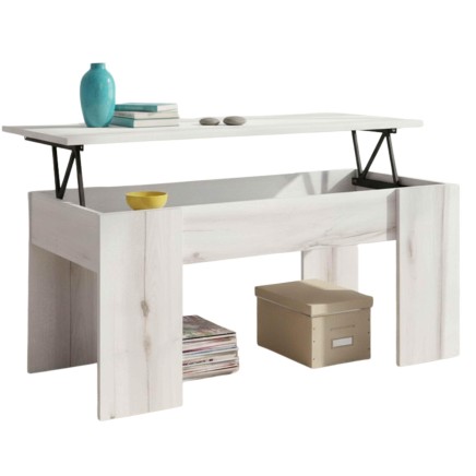 Mesa elevable blanca madera con tablero abatible y almacenamiento inferior decorada con jarrón y libros
