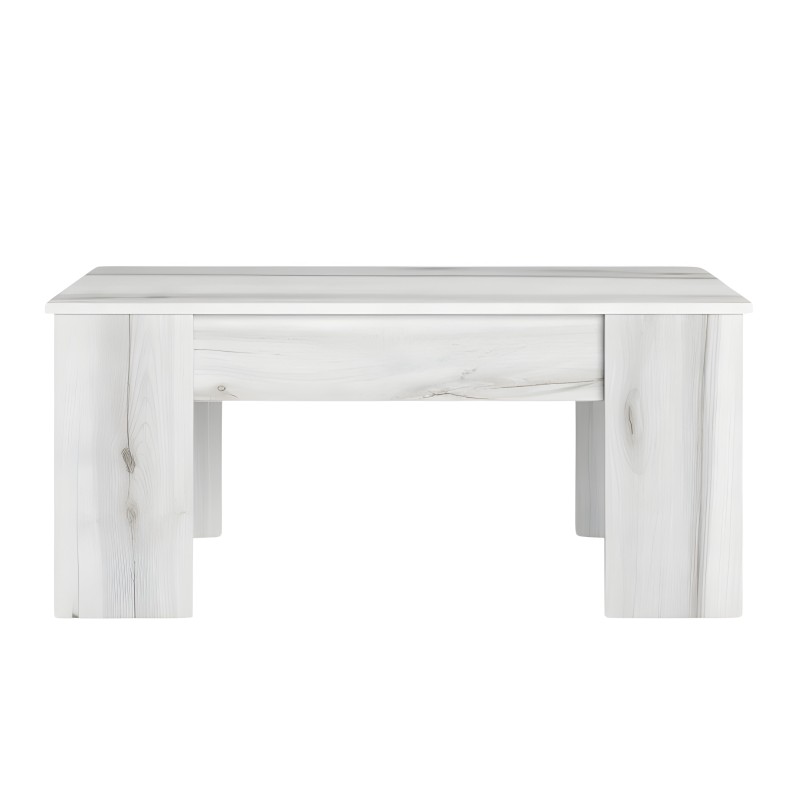 Escritorio de madera blanca con cajón central y patas laterales macizas vista frontal