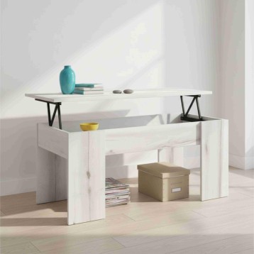 Mesa de centro blanca con tapa abatible y almacenamiento inferior decorada con jarrón azul y libros
