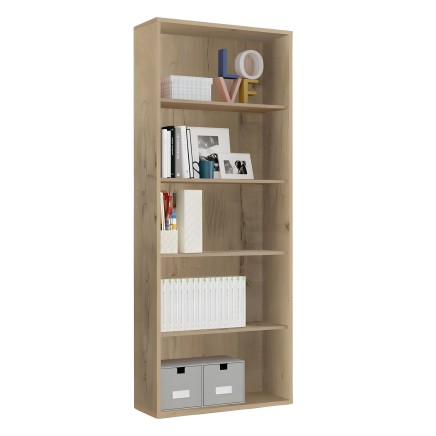 Estantería abierta de madera clara con seis compartimentos y cajas de almacenaje decorativas en la base