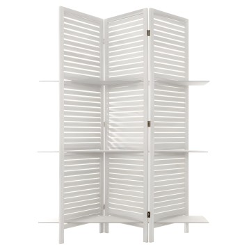 Biombo plegable de tres paneles en blanco con lamas horizontales y estantes laterales incorporados