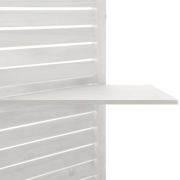 Biombo de madera blanca y tablillas horizontales espaciadas detalle de estante