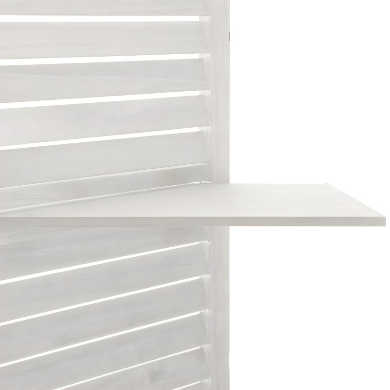 Biombo de madera blanca y tablillas horizontales espaciadas detalle de estante