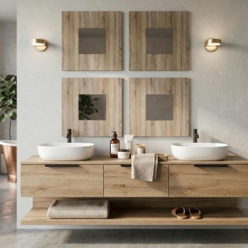 Mueble de baño flotante en madera clara con doble lavamanos redondos blancos y espejos de madera con marco