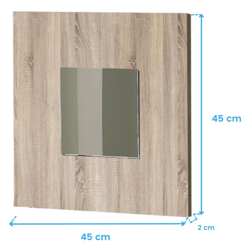 Espejo de pared con marco de madera clara y reflejo verde en vista frontal