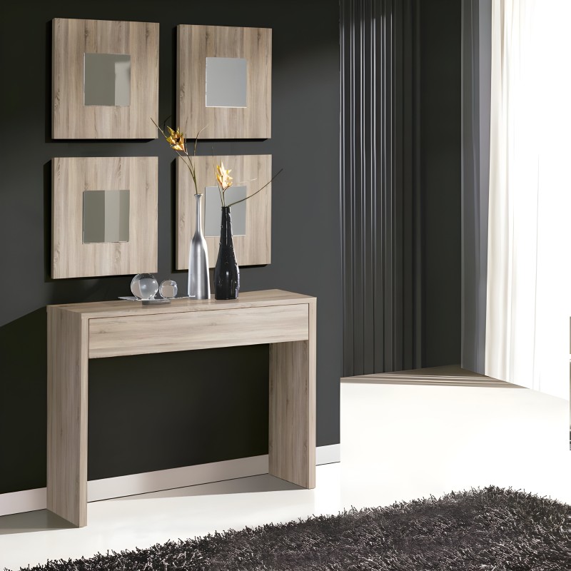 Consola madera clara con cajón y espejo decorativo cuadrado pared incluido en composición ambiente