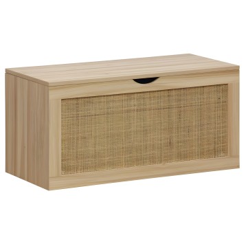 Baúl de madera clara con panel de rejilla y tapa abatible con tirador integrado