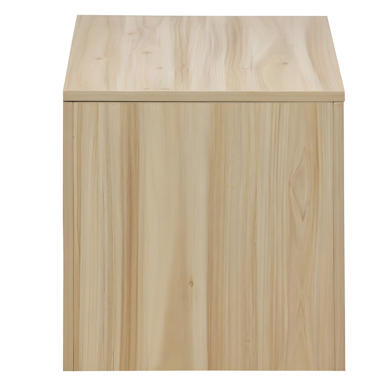 Baúl de madera clara con tablero liso y frente con tableros verticales