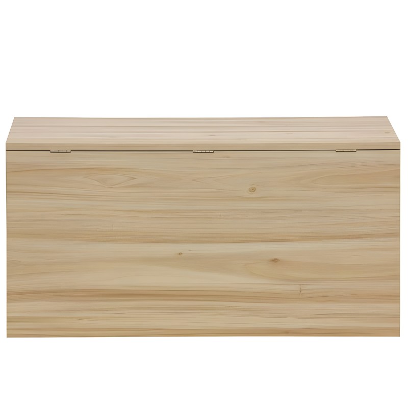 Baúl de madera clara con tapa abatible y acabado natural vista frontal