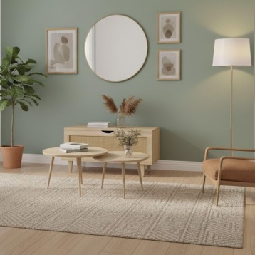 Espejo circular con marco dorado en salón con muebles de madera natural y pared verde salvia