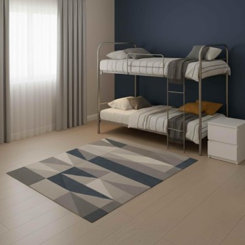 Cama litera metálica de dos pisos con estructura gris y colchones a rayas en dormitorio