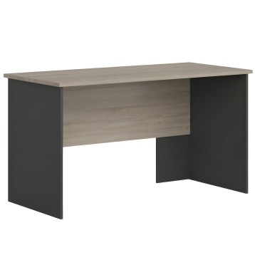 Escritorio rectangular con tablero gris claro y paneles laterales negros en acabado mate