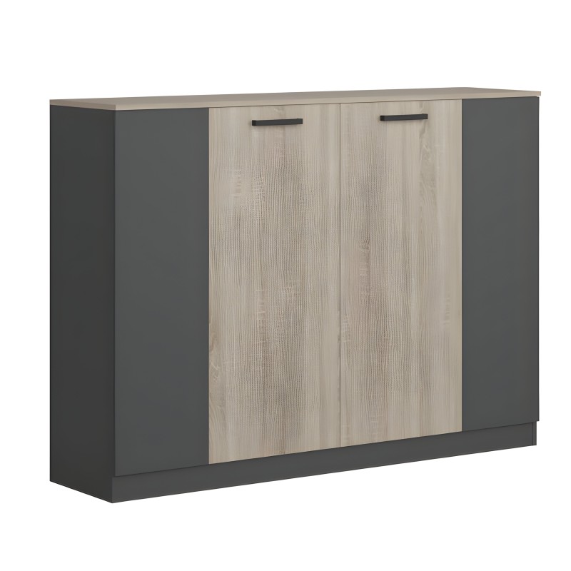 Aparador con puertas de madera clara y laterales gris antracita y tiradores metálicos negros