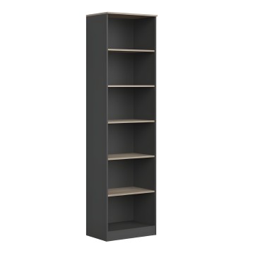 Estantería vertical estrecha gris antracita con 6 estantes de madera clara y estructura abierta