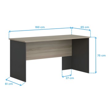 Escritorio con tablero gris y estructura negra vista frontal con medidas indicadas