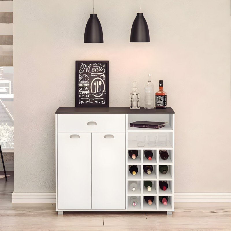 Mueble bar blanco y gris con almacenamiento de botellas en vista frontal y ambiente decorativo