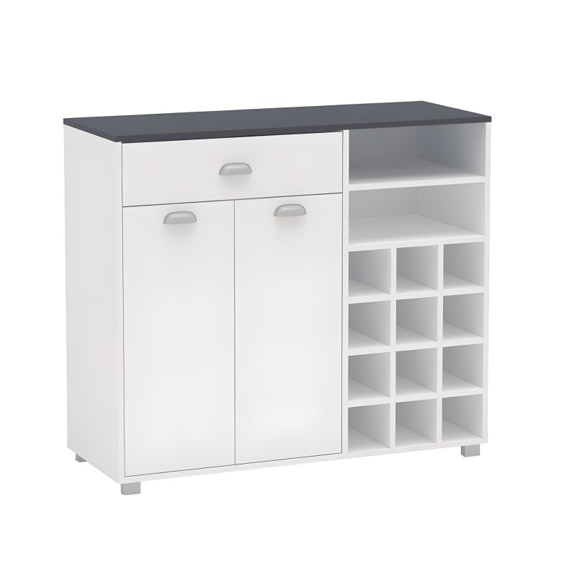 Mueble auxiliar blanco con encimera gris antracita y módulos de almacenamiento con puertas y casilleros abiertos
