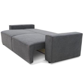 Sofá cama gris en tela con respaldo y asiento abierto mostrando mecanismo de transformación