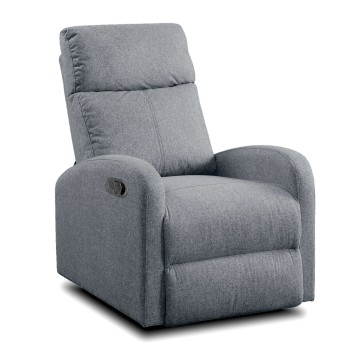 Sillón reclinable en tela gris con respaldo acolchado y mecanismo de ajuste manual