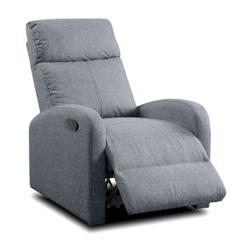 Sillón reclinable gris de tela con reposapiés extendido y mecanismo de palanca lateral