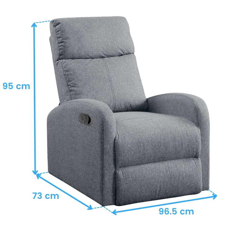 Sillón reclinable tapizado en gris con respaldo y asiento acolchados y mecanismo de reclinación manual