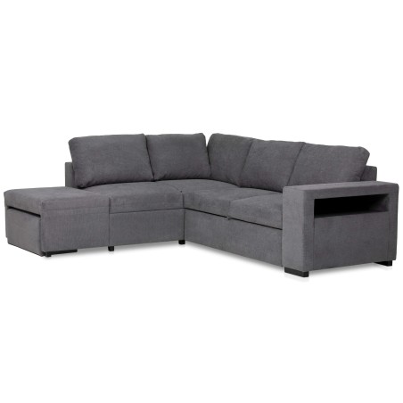 Sofá seccional gris en forma de L con chaise longue y reposabrazos altos modelo modular