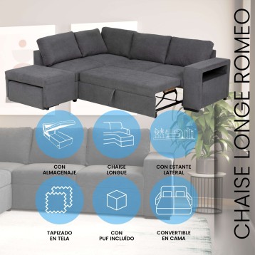Sofá chaise longue gris oscuro con asiento convertible en cama y almacenaje integrado