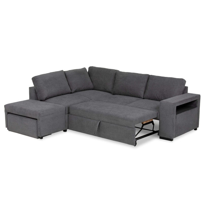Sofá esquinero gris oscuro con chaise longue y cama abatible integrada vista frontal