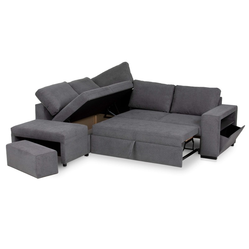 Sofá cama esquinero gris con almacenamiento y respaldo abatible convertible en cama