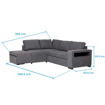 Sofá seccional en L gris oscuro con chaise longue y almacenaje incorporado vista general con medidas