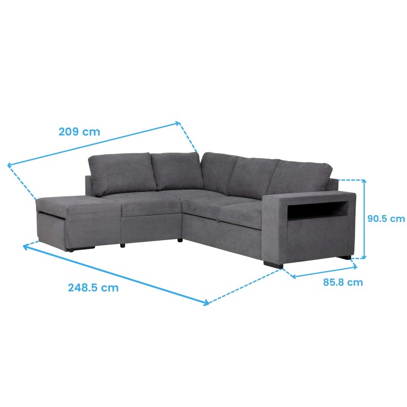 Sofá seccional en L gris oscuro con chaise longue y almacenaje incorporado vista general con medidas