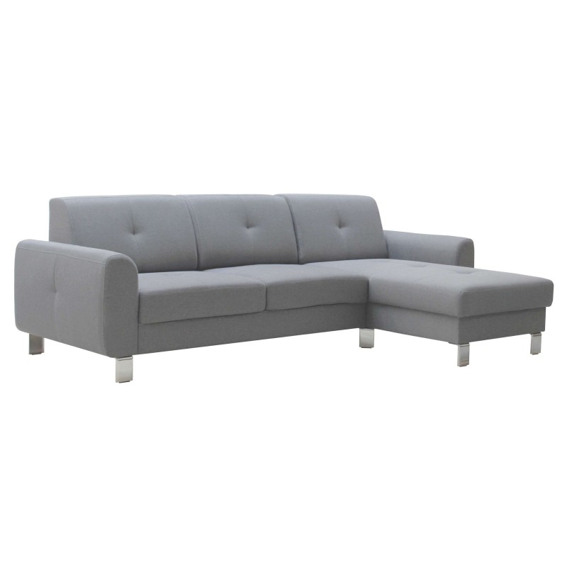 Sofá seccional gris claro con chaise longue y patas metálicas vista lateral