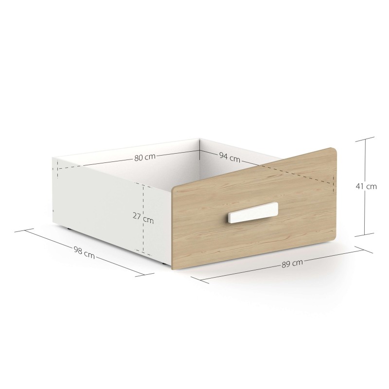 Cajón blanco con frente de madera natural y asa rectangular vista en perspectiva con medidas técnicas