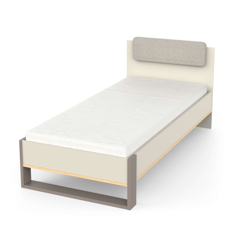 Cama individual estructura beige y gris con cabecero acolchado gris y almohada