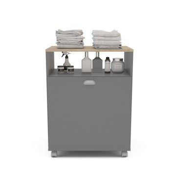 Mueble auxiliar gris con tapa en madera clara y puerta abatible que integra lavavajillas con ruedas