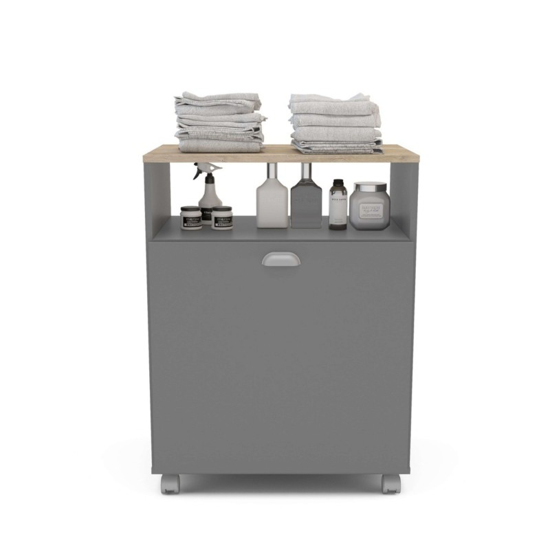 Mueble auxiliar gris con tapa en madera clara y puerta abatible que integra lavavajillas con ruedas