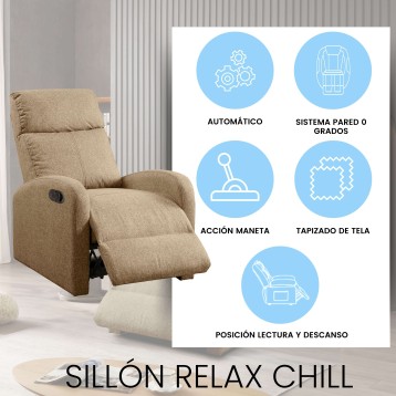 Sillón relax reclinable en tela beige con respaldo alto y reposapié extensible junto a infografía de características