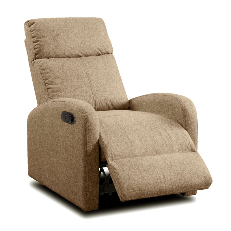 Sillón reclinable en tela beige con reposapiés extensible y botón de accionamiento manual