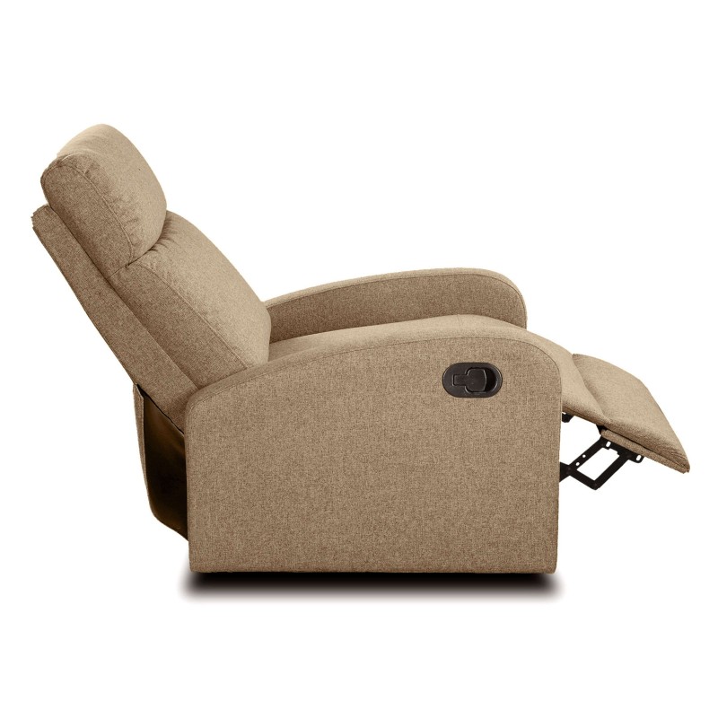 Sillón reclinable beige en tejido con respaldo y reposapiés ajustables y botón de control