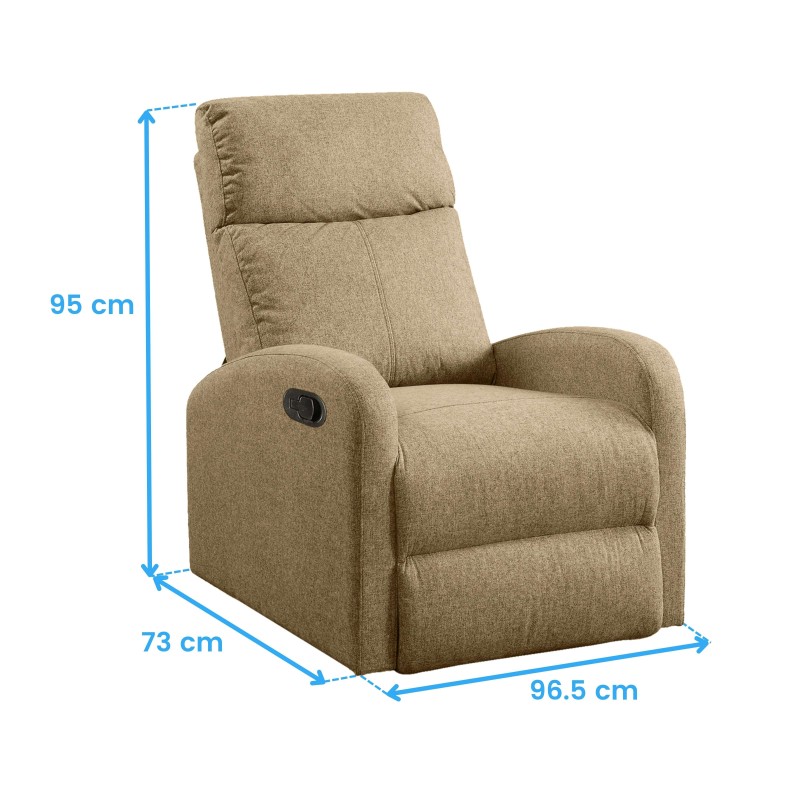 Sillón reclinable tapizado en tela beige con respaldo alto y reposapiés extensible vista frontal