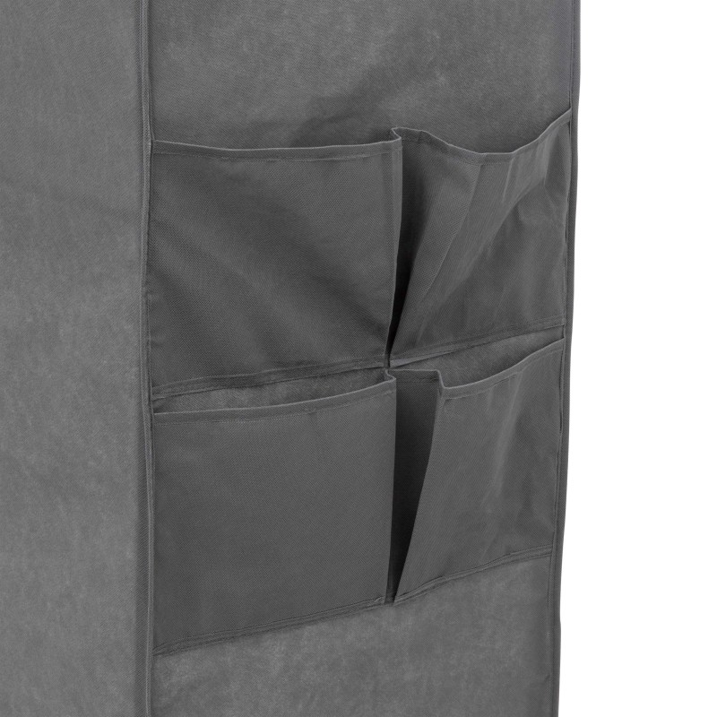 Organizador de tela gris con bolsillos múltiples vista de detalle de compartimentos