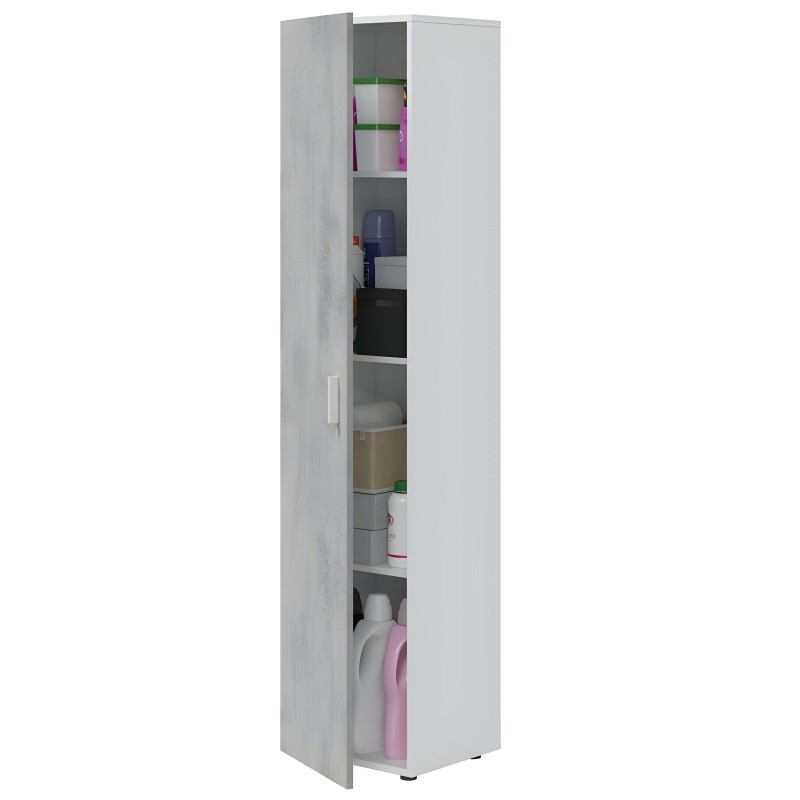 Armario columna blanco con puerta y estantes interiores abierto mostrando productos de limpieza y organización