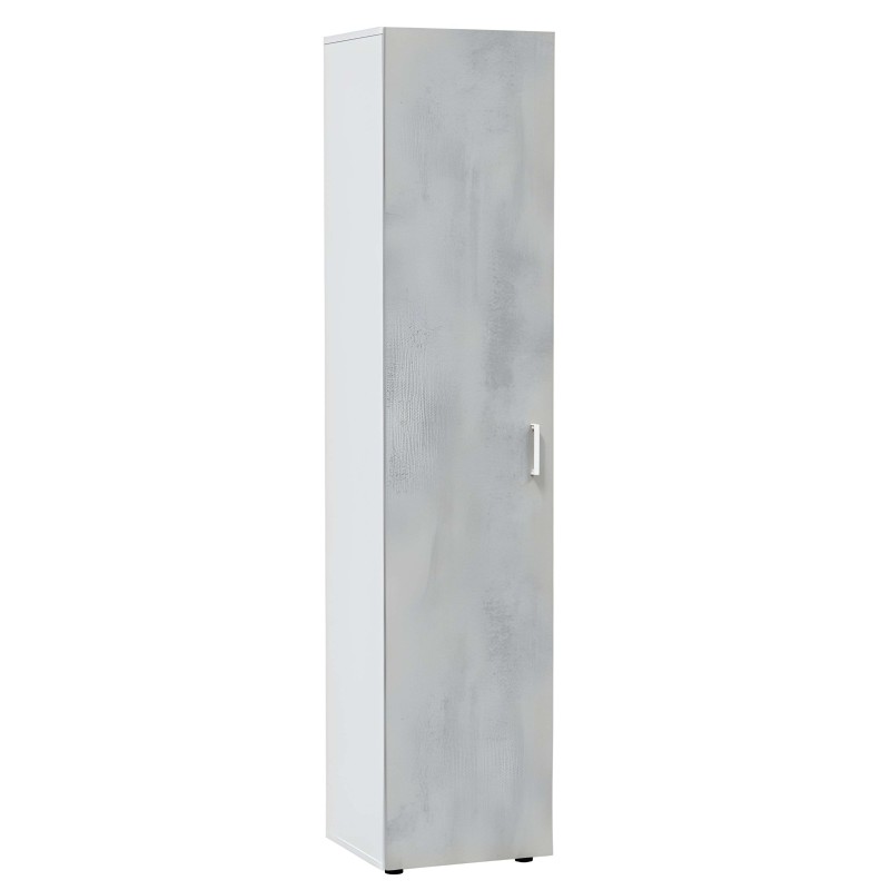 Armario alto estrecho con puerta abatible y acabado en gris cemento con tirador metálico