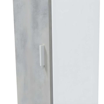 Armario blanco de dos puertas con tirador rectangular y acabado efecto cemento vista de detalle de frente