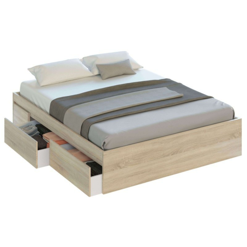 Cama matrimonial con estructura de madera clara y cajones de almacenamiento integrados en la base
