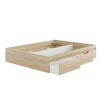 Cama de madera clara con cajones de almacenamiento integrados y detalles en blanco