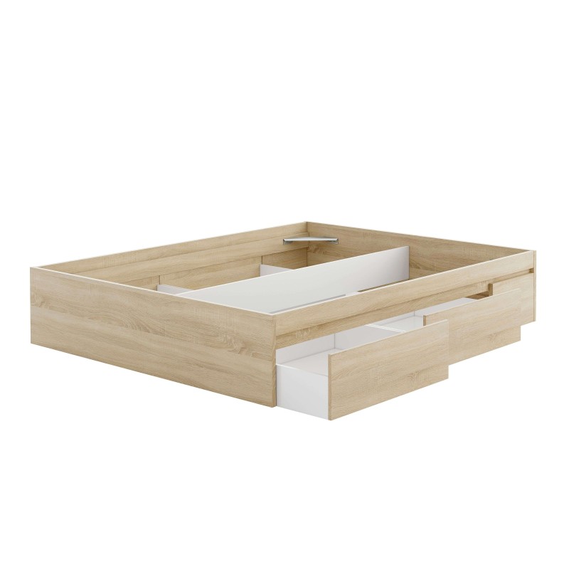 Cama de madera clara con cajones de almacenamiento integrados y detalles en blanco